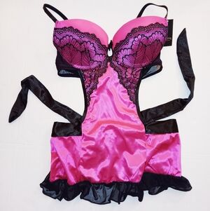Passion Forever Pink Black Pushup Padded Lace Nightie Babydoll Maid Lingerie